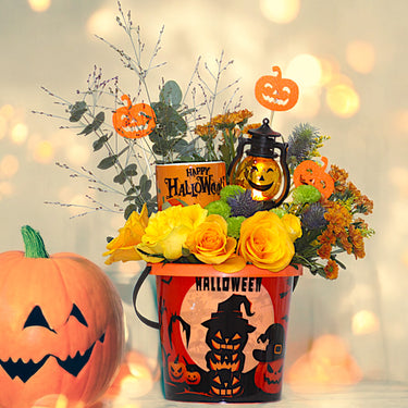 Halloween Pumpkin Basket with Orange Roses, Chrysanthemums & Festive Decor